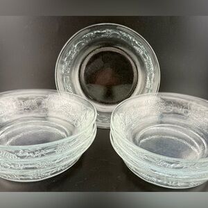 7 Libbey orchard fruit bowls. Edges embossed with fruits. 6.25”